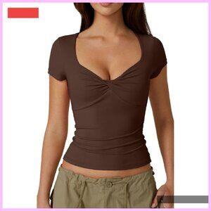 Double Lined Crop Top Slim Fit V Neck Twist Front Short Sleeve Tee